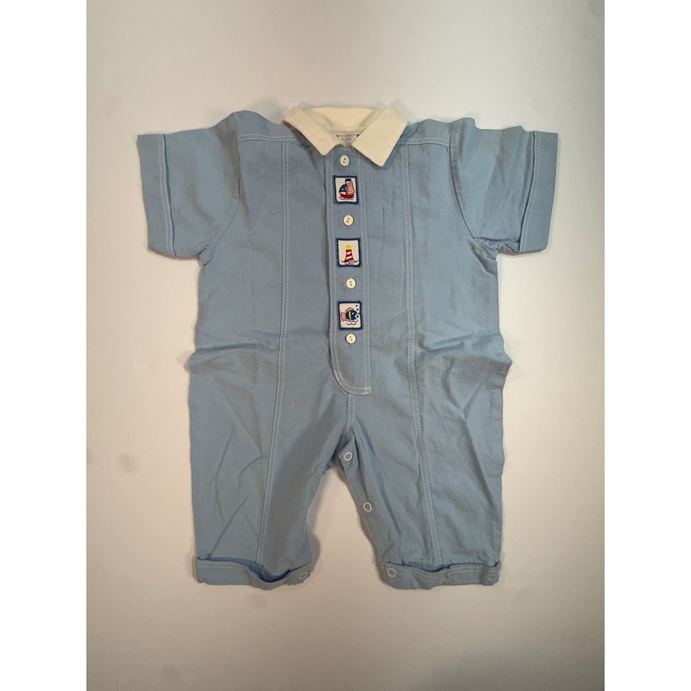 Vintage Baby Boy Light Blue Nautical Romper Sailboat Lighthouse 6-9 Months